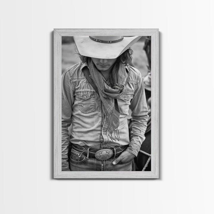 Cowboy with Hat and Scarf Looking Down in Black and White for Western Wall Art, Canvas Prints, Home Decor, Living Room Art, Bedroom Art