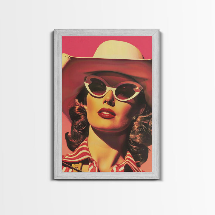 Retro Cowgirl in Sunglasses with Hat Art | Framed Canvas Print | Vintage Western Decor | Classic Cowgirl Wall Art for Home Decor