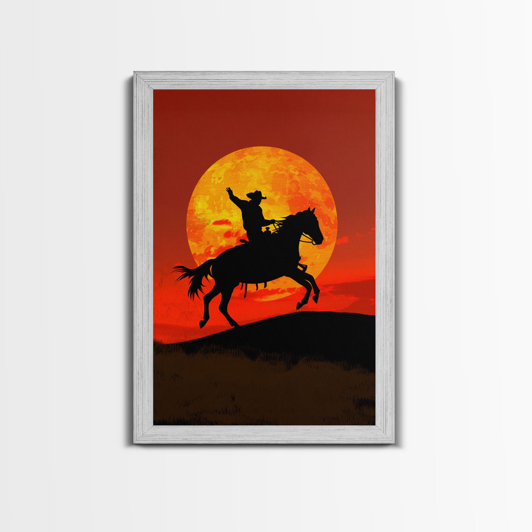 Cowboy Silhouette on Horseback at Sunset | Framed Canvas Print | Western Landscape Art | Rustic Cowboy Wall Art for Living Room