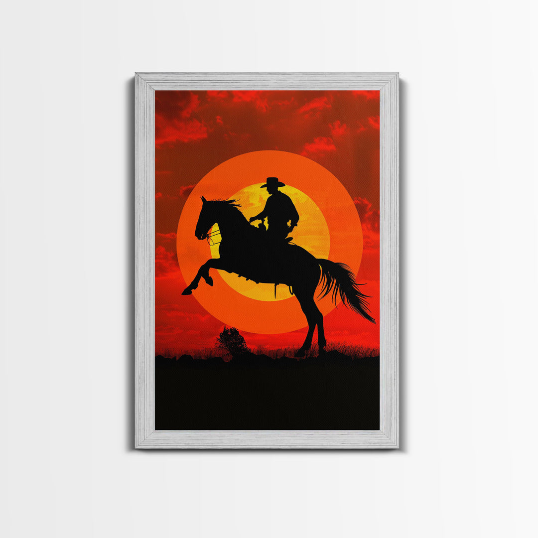 Cowboy on Horse with Dramatic Sunset Background | Framed Canvas Print | Western Silhouette Art | Sunset Cowboy Wall Art for Bedroom