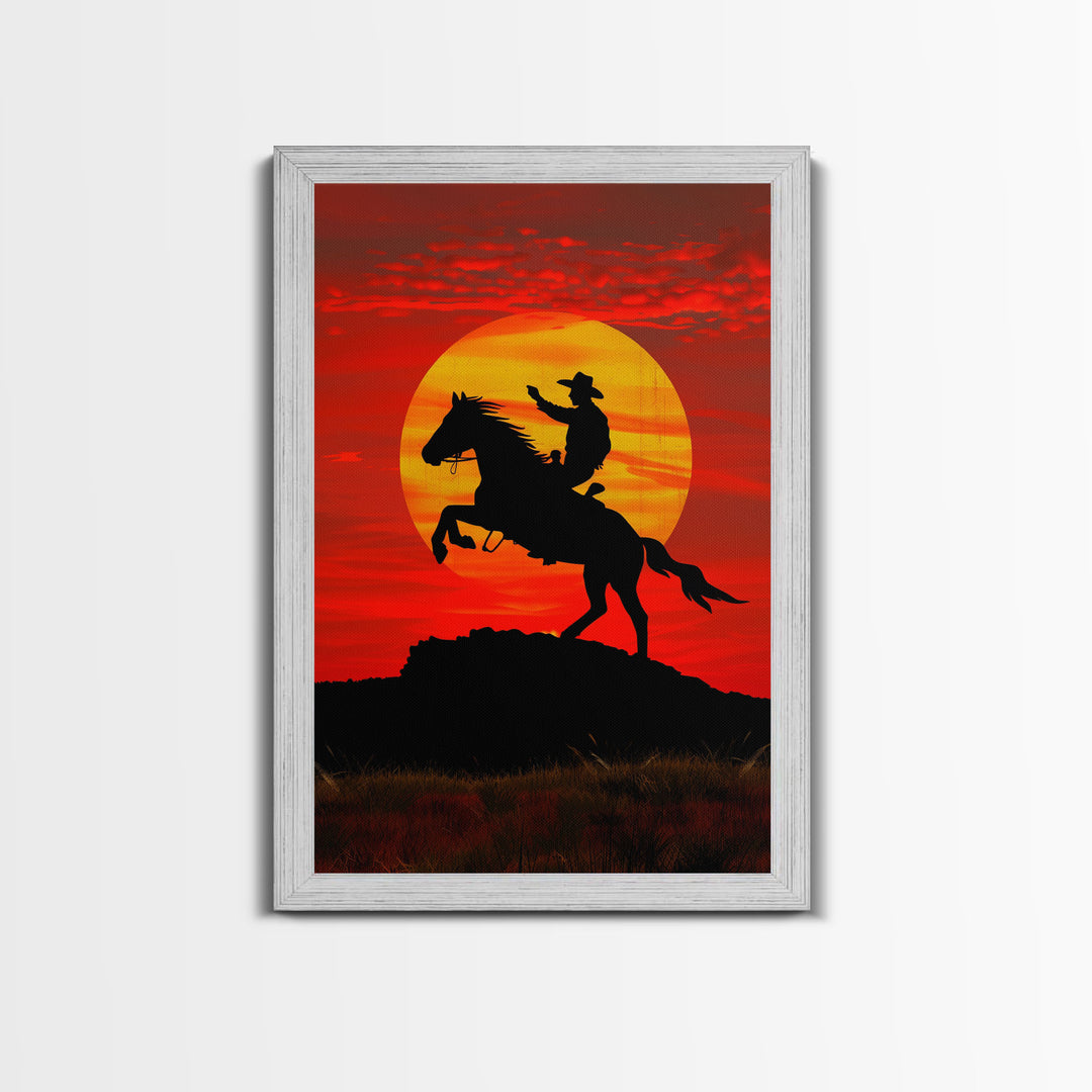 Dynamic Cowboy Horse Ride Silhouette at Sunset | Framed Canvas Print | Western Wall Art | Sunset Horseback Wall Art for Home Decor