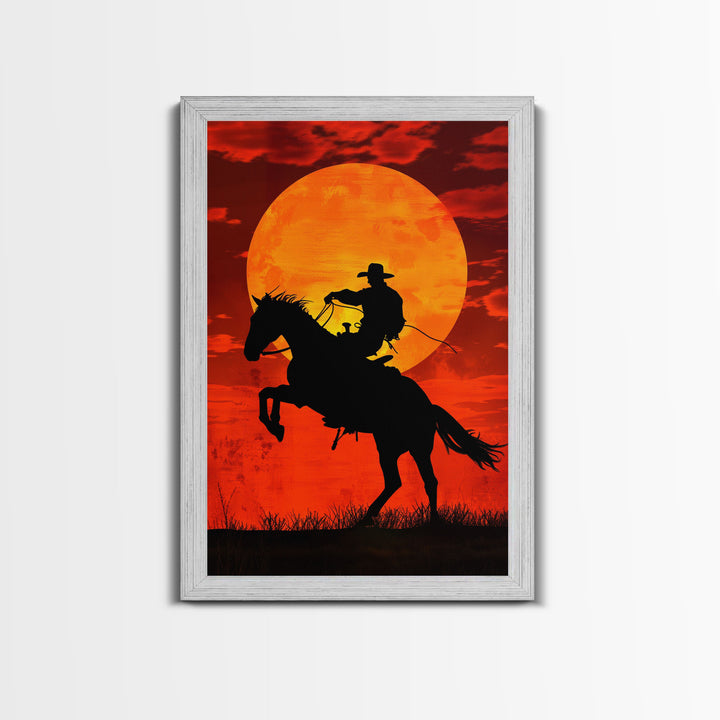 Cowboy Riding Horse into the Sunset | Framed Canvas Print | Western Silhouette Art | Rustic Cowboy Wall Art for Living Room