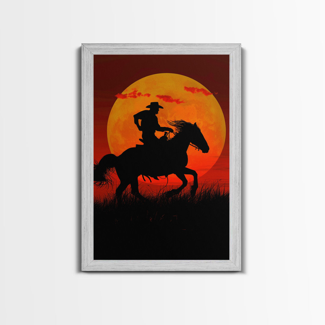 Action Cowboy Silhouette on Horse at Sunset | Framed Canvas Print | Western Wall Art | Dramatic Cowboy Wall Art for Home Decor