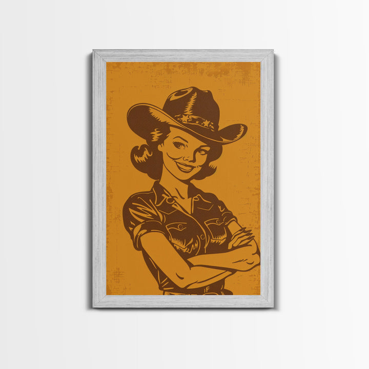 Retro Cowgirl Illustration in Yellow | Framed Canvas Print | Vintage Western Decor | Classic Cowgirl Wall Art for Living Room