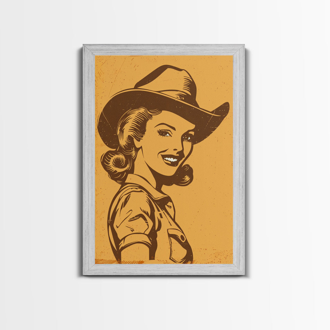 Smiling Retro Cowgirl in Hat Illustration | Framed Canvas Print | Vintage Western Art | Retro Cowgirl Wall Art for Bedroom Decor