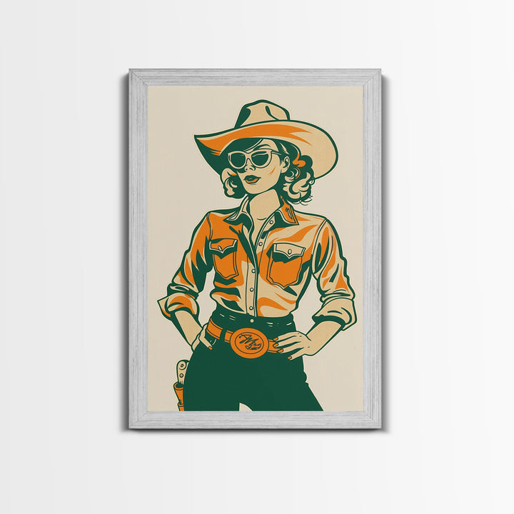 Stylish Retro Cowgirl in Sunglasses Illustration | Framed Canvas Print | Vintage Western Decor | Classic Cowgirl Wall Art for Home