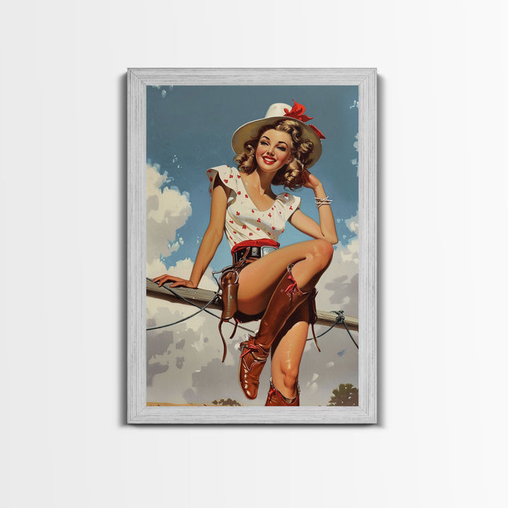 Classic Cowgirl Pin-Up Art Print, Vintage Western Framed Canvas, Retro Pin-Up Girl in Cowboy Hat and Boots, Unique Home Decor