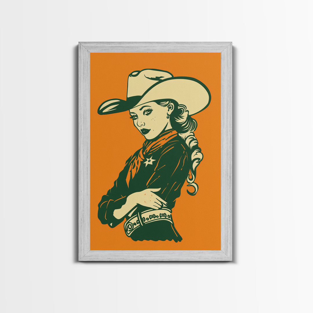 Elegant Retro Cowgirl with Hat Illustration | Framed Canvas Print | Vintage Western Art | Stylish Cowgirl Wall Art for Living Room