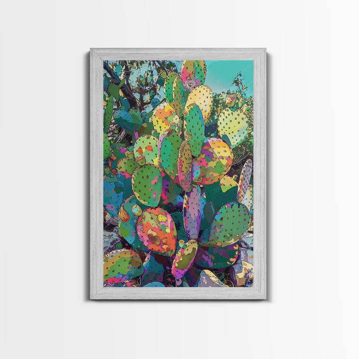 Vibrant Prickly Pear Cactus in Abstract Style - Framed Canvas Print, Colorful Desert Decor, Living Room Art, Cactus Wall Art for Home