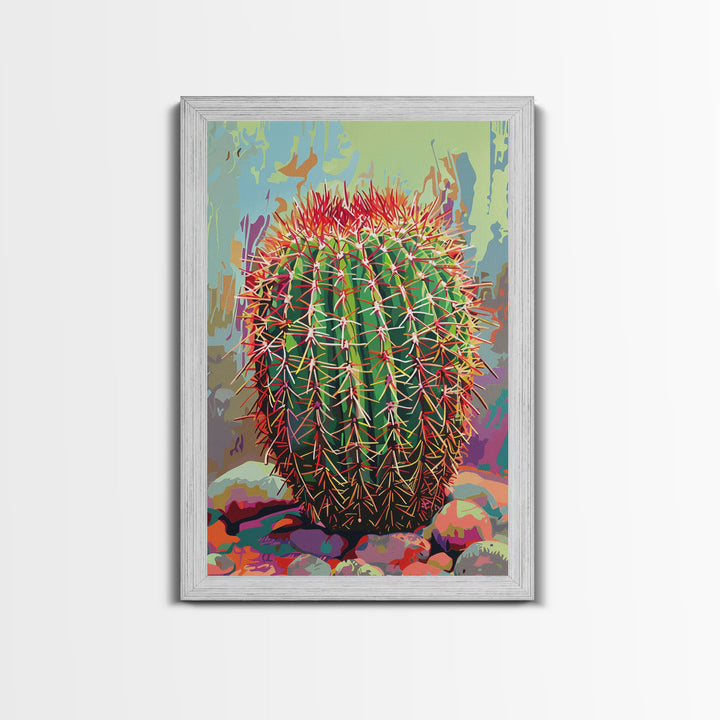 Bold Barrel Cactus Art with Red Spines - Framed Canvas Print, Vibrant Desert Decor, Living Room Art, Cactus Wall Art for Home