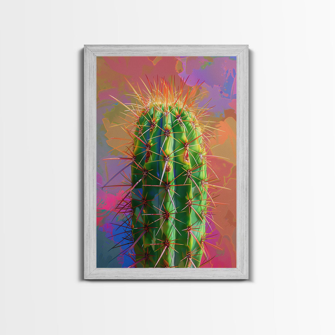 Green Cactus with Orange Spines on Colorful Background - Framed Canvas Print, Bright Desert Decor, Bedroom Art, Cactus Wall Art