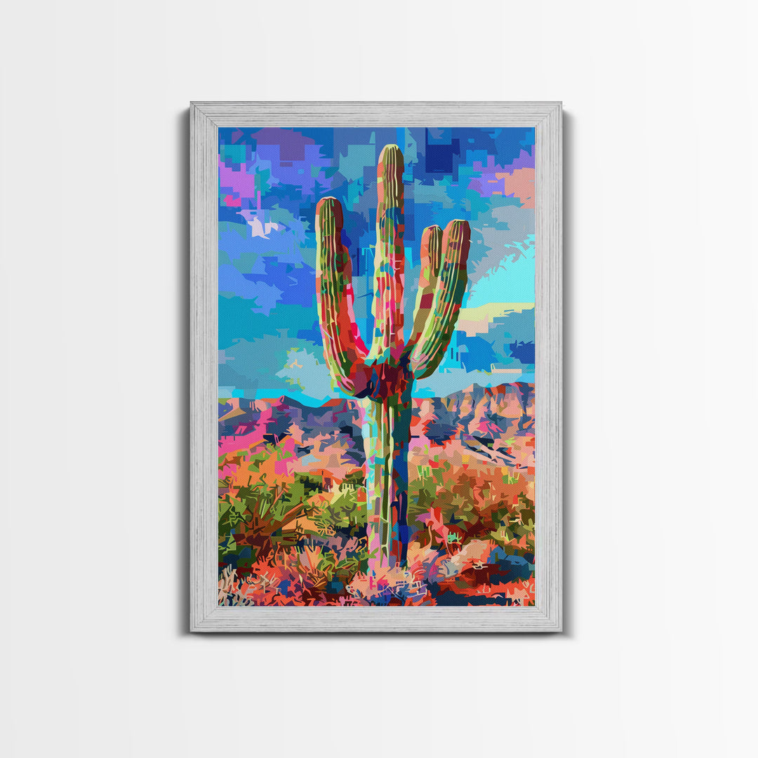 Majestic Saguaro Cactus in Colorful Desert Landscape - Framed Canvas Print, Vibrant Southwest Decor, Living Room Art, Cactus Wall Art