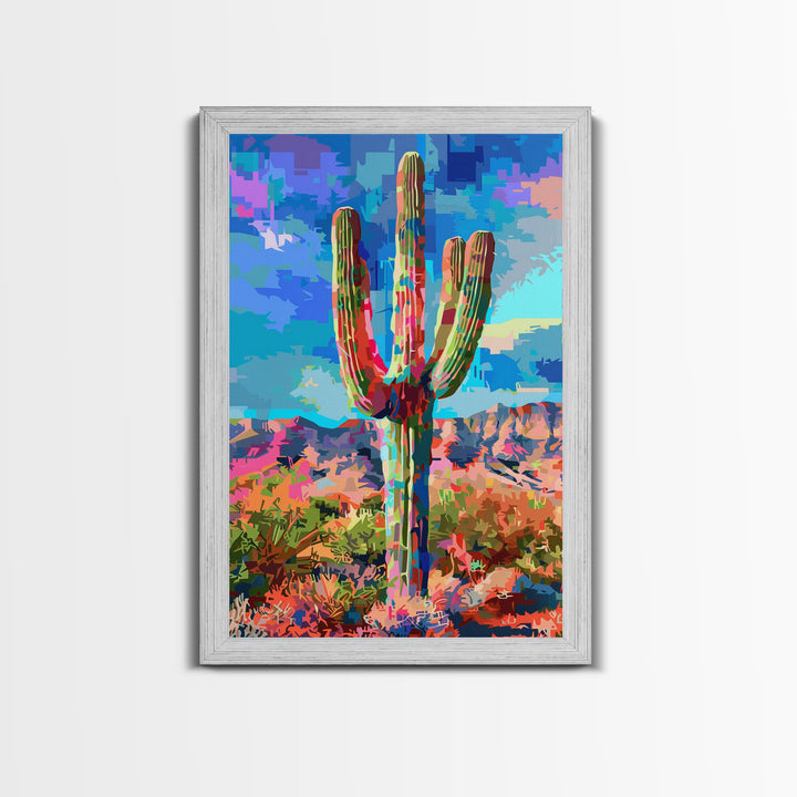 Majestic Saguaro Cactus in Colorful Desert Landscape - Framed Canvas Print, Vibrant Southwest Decor, Living Room Art, Cactus Wall Art