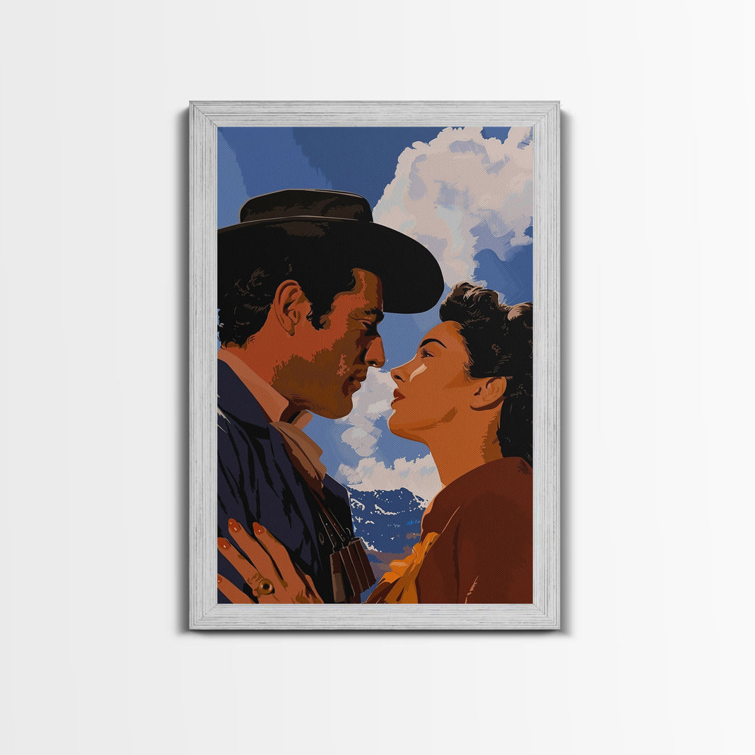 Romantic Cowboy Couple in Western Landscape - Framed Canvas Print, Vintage Western Decor, Bedroom Art, Romantic Wall Art for Home