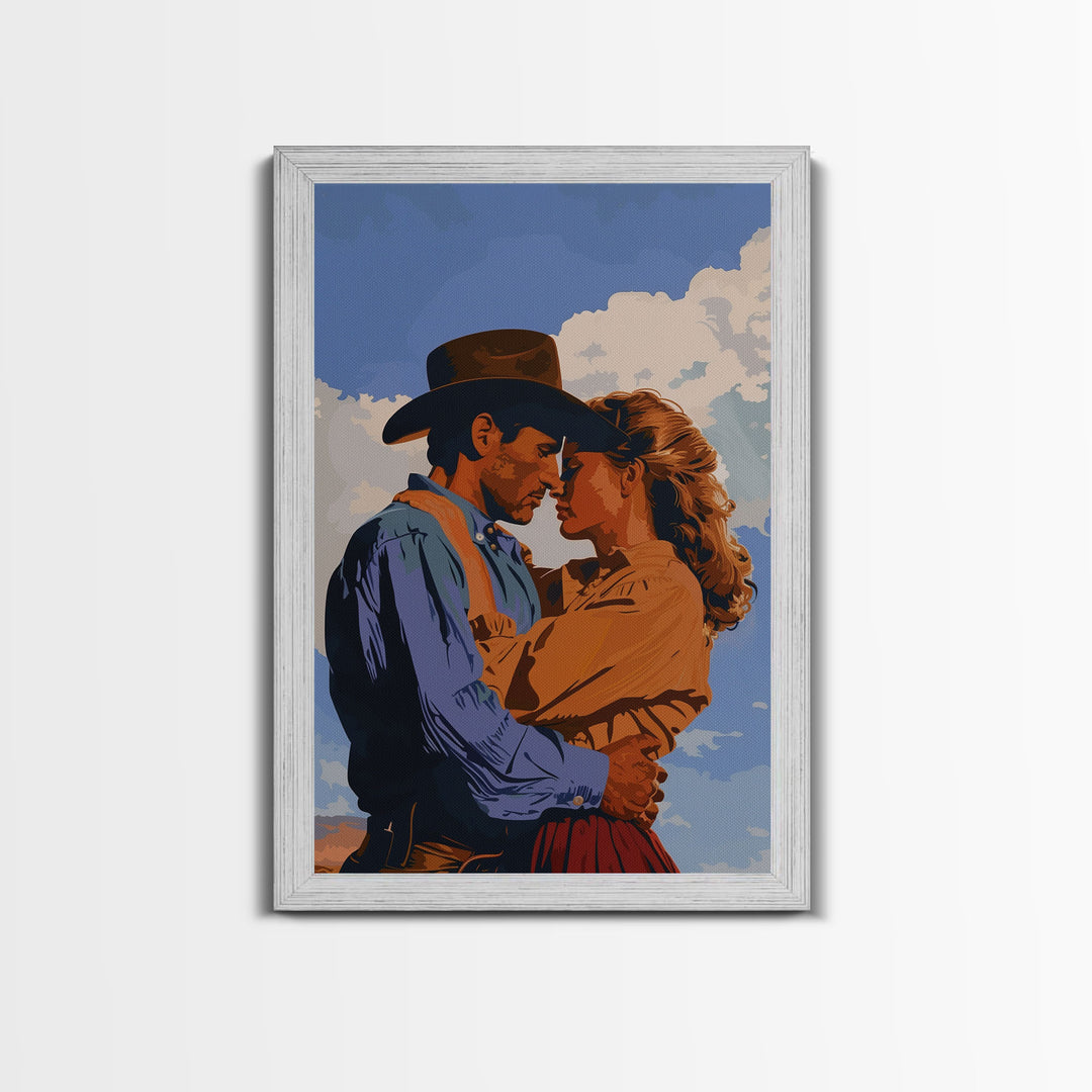 Classic Western Love Scene Under Blue Sky - Framed Canvas Print, Rustic Cowboy Decor, Living Room Art, Romantic Wall Art for Home