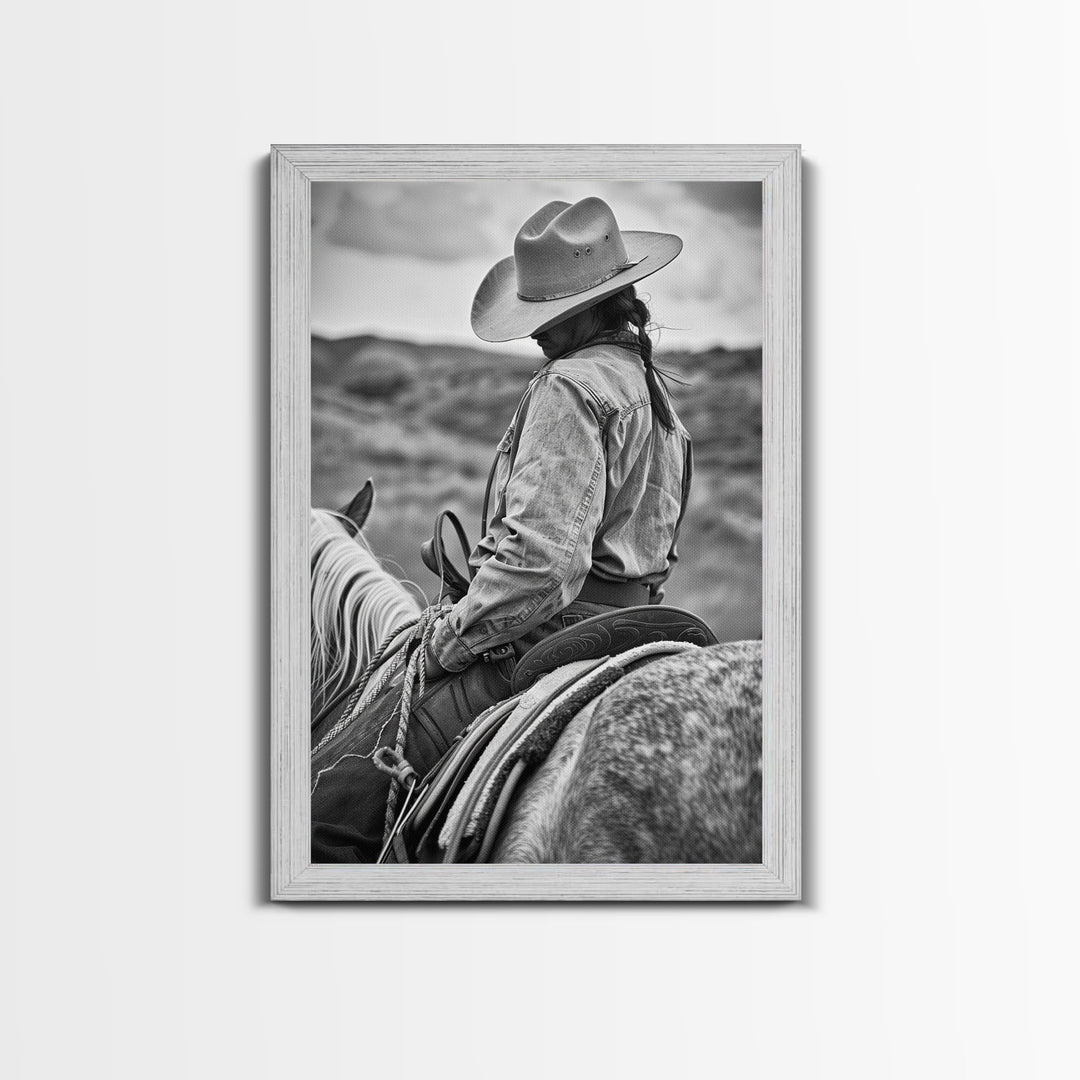 Lone cowboy riding a horse through rugged landscape, classic Western decor black and white photography, Framed Canvas Print, rustic home art