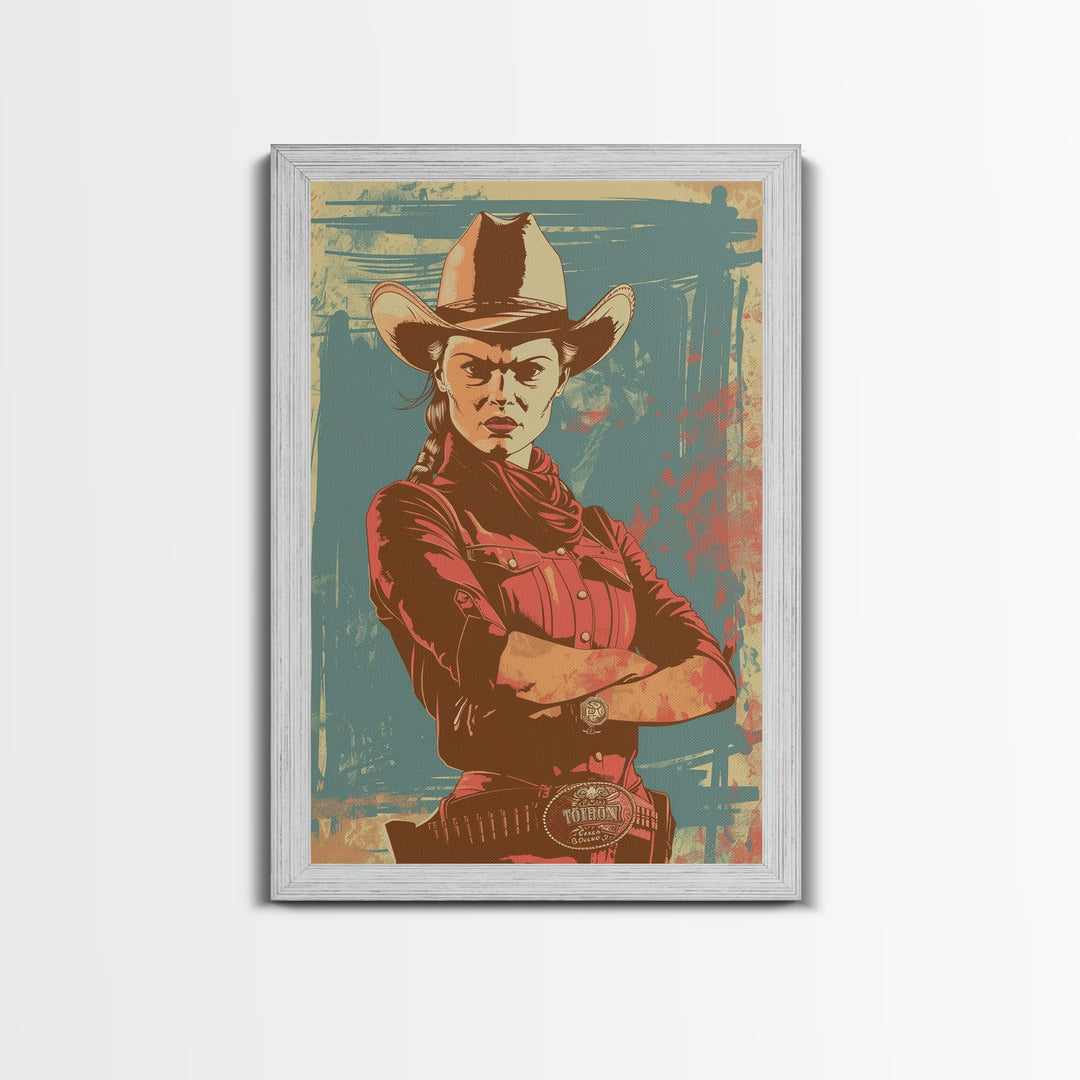 Fierce Cowgirl in Red Framed Canvas Print - Rustic Western Decor, Vintage Wall Art for Living Room, Bedroom Artwork