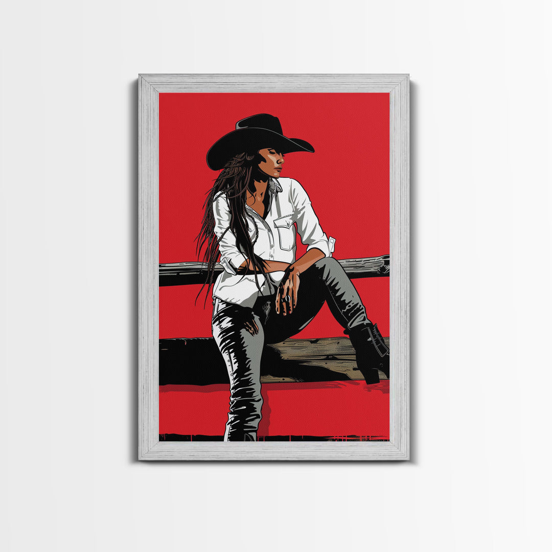 Pensive Cowgirl with Red Background Framed Canvas Print - Dramatic Western Decor, Stylish Wall Art for Living Room, Bedroom