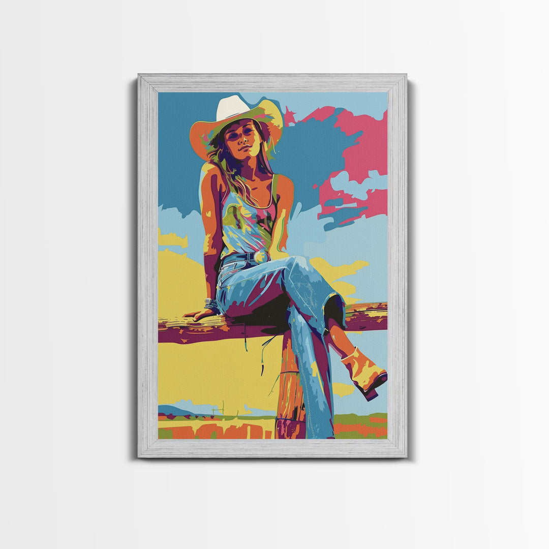 Colorful Cowgirl Portrait Framed Canvas Print - Bright Western Decor, Pop Art Wall Art for Living Room, Bedroom