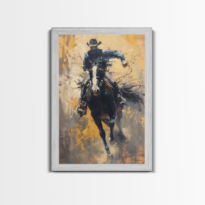 Intense Cowboy Riding Fast Framed Canvas Print - High-Energy Western Decor, Exciting Wall Art for Living Room, Bedroom