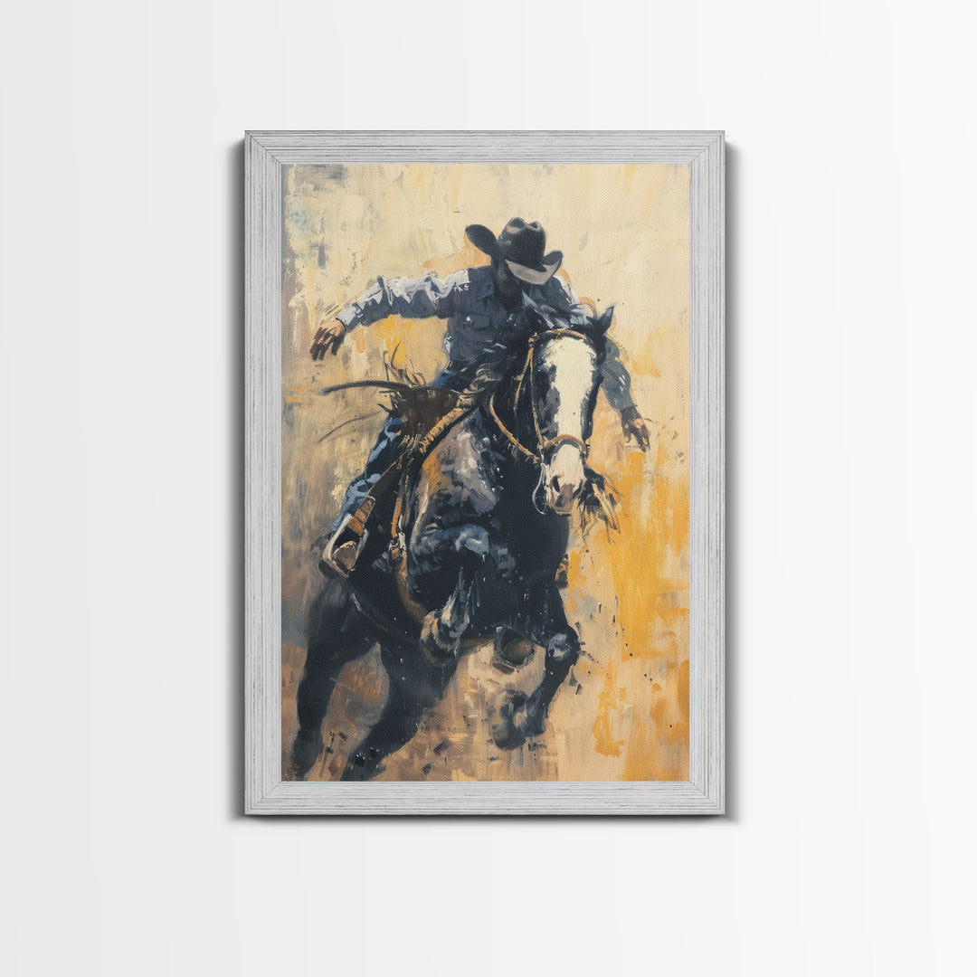 Action-Packed Cowboy on Horseback - Framed Canvas Print, Western Wall Art, Rustic Decor, Living Room and Bedroom Art Print