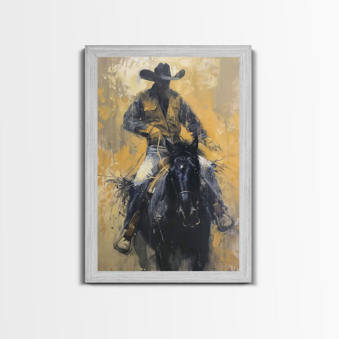 Cowboy in Full Gear Riding Horse - Framed Canvas Print, Western Wall Art, Rustic Decor, Living Room and Bedroom Art Print