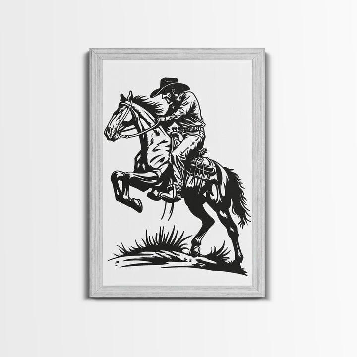 Cowboy Riding Horse with Reins - Framed Canvas Print, Western Wall Art, Rustic Decor, Living Room and Bedroom Art Print