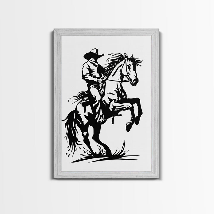 Dynamic Cowboy on Rearing Horse - Framed Canvas Print, Western Wall Art, Rustic Decor, Living Room and Bedroom Art Print