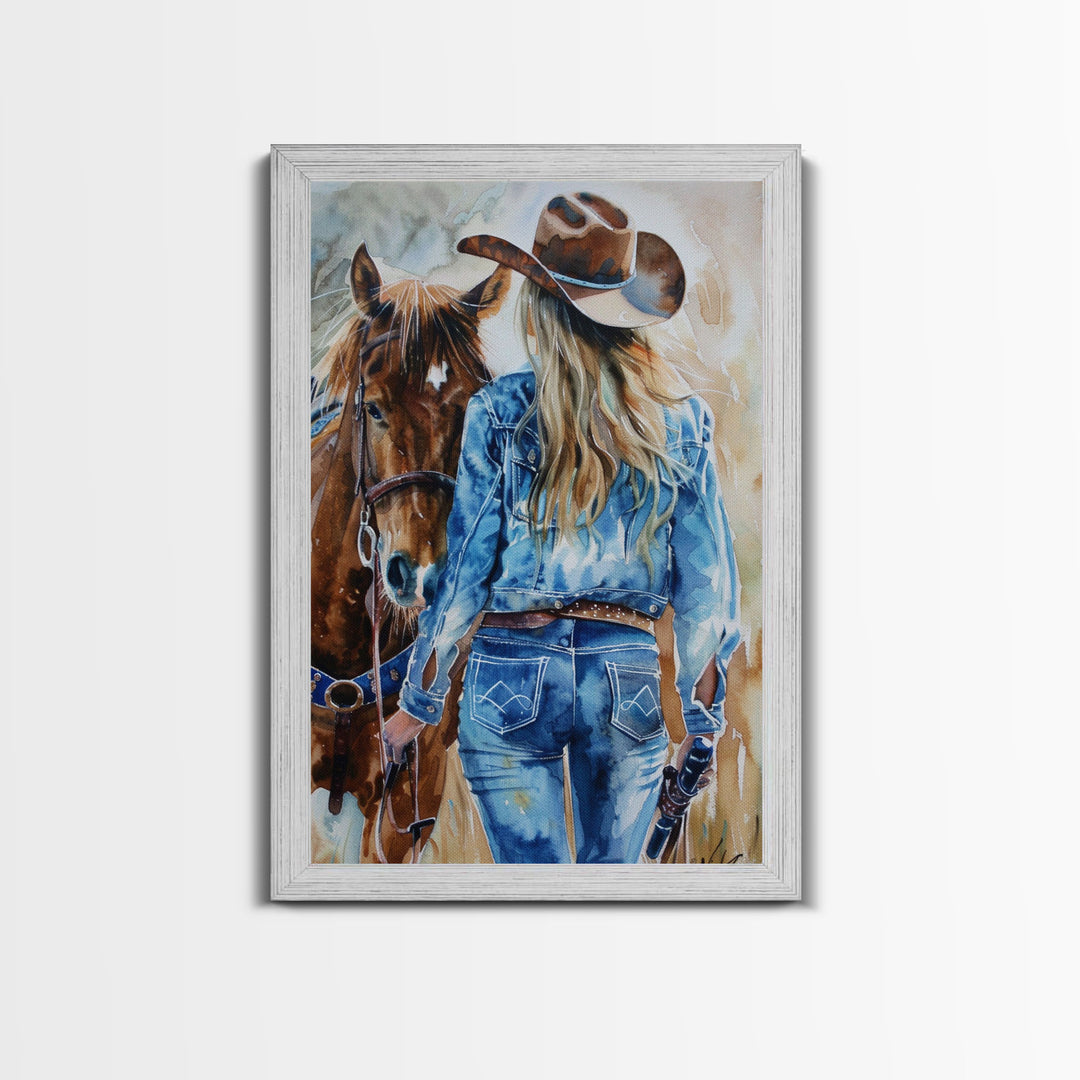 Intense Cowboy and Horse Silhouette - Framed Canvas Print, Western Wall Art, Rustic Decor, Living Room and Bedroom Art Print