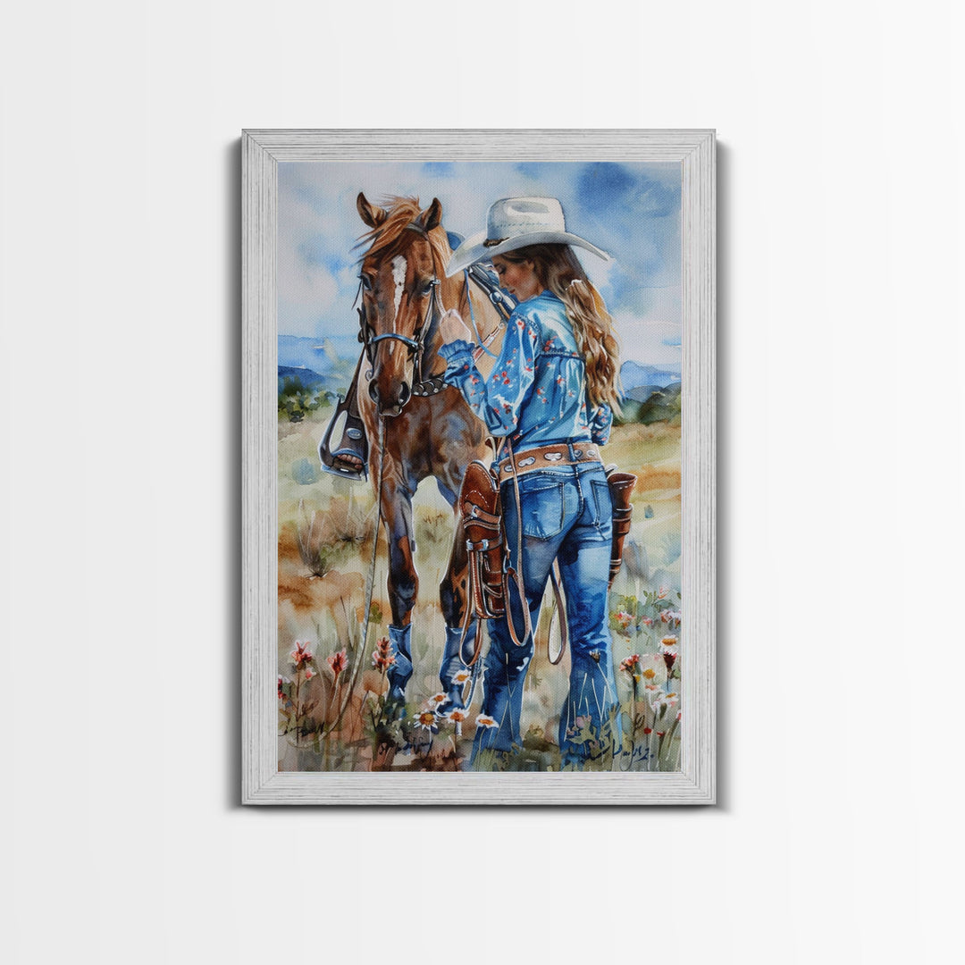 Cowboy on Rearing Horse Silhouette - Framed Canvas Print, Western Wall Art, Rustic Decor, Living Room and Bedroom Art Print