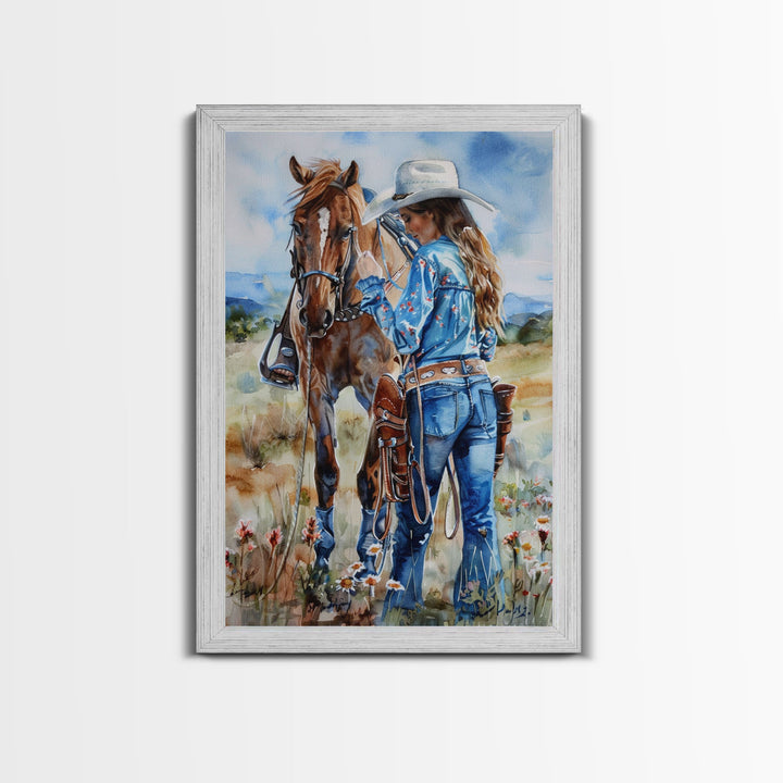 Cowboy on Rearing Horse Silhouette - Framed Canvas Print, Western Wall Art, Rustic Decor, Living Room and Bedroom Art Print