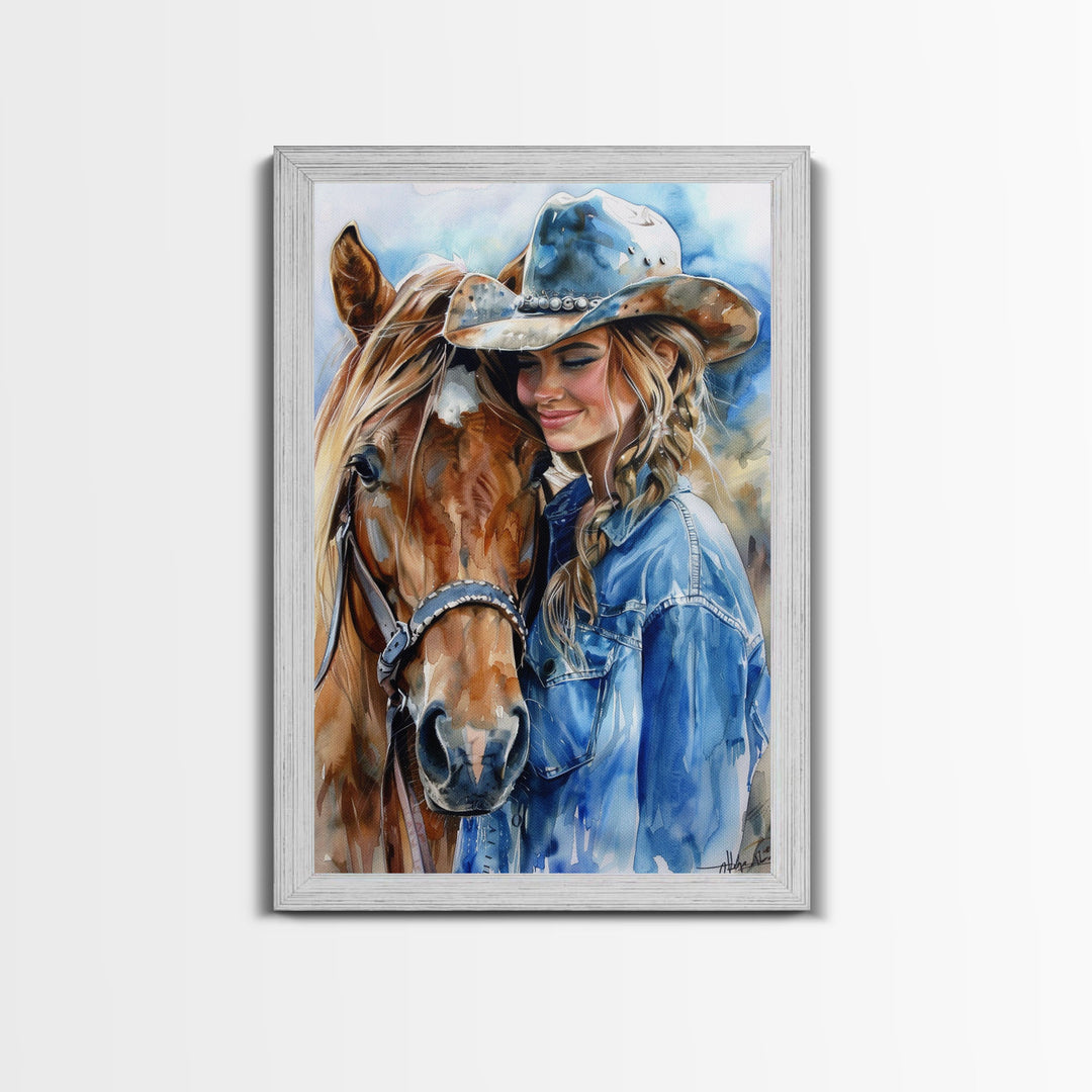 Cowgirl with Horse in Denim Outfit - Framed Canvas Print, Western Wall Art, Rustic Decor, Living Room and Bedroom Art Print