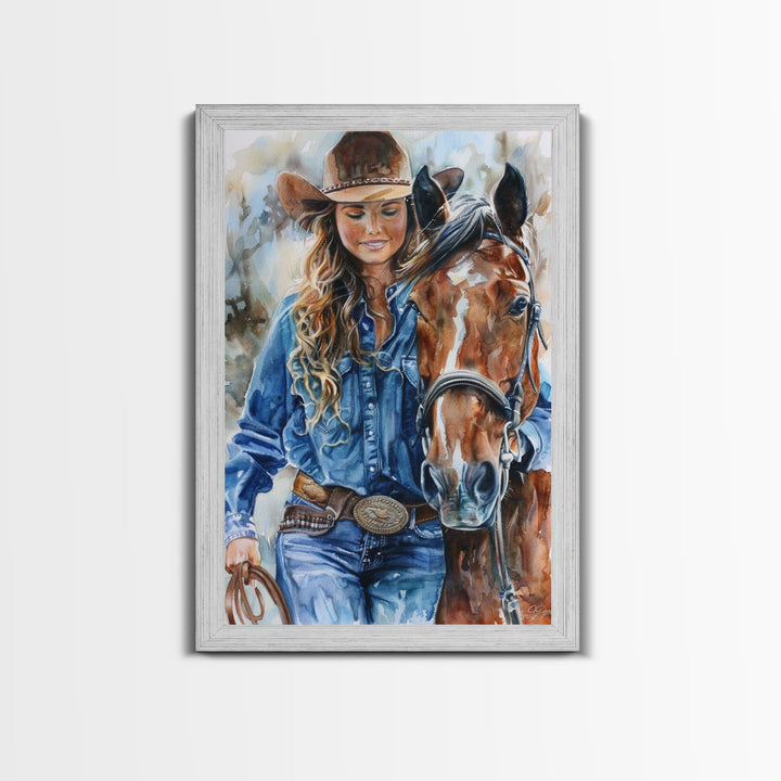 Cowgirl Embracing Horse with Hat - Framed Canvas Print, Western Wall Art, Rustic Decor, Living Room and Bedroom Art Print