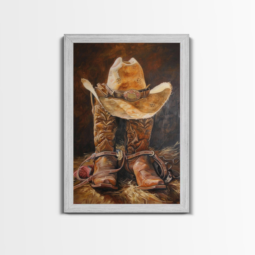 Western Cowboy Boot and Hat Art Print - Framed Canvas Print, Rustic Living Room Decor, Cowboy Wall Art, Western Home Decoration