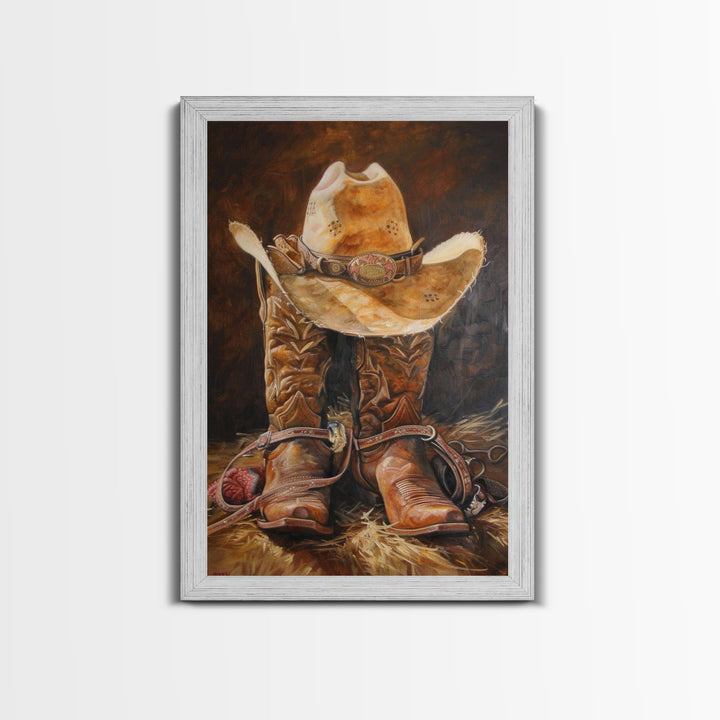 Western Cowboy Boot and Hat Art Print - Framed Canvas Print, Rustic Living Room Decor, Cowboy Wall Art, Western Home Decoration