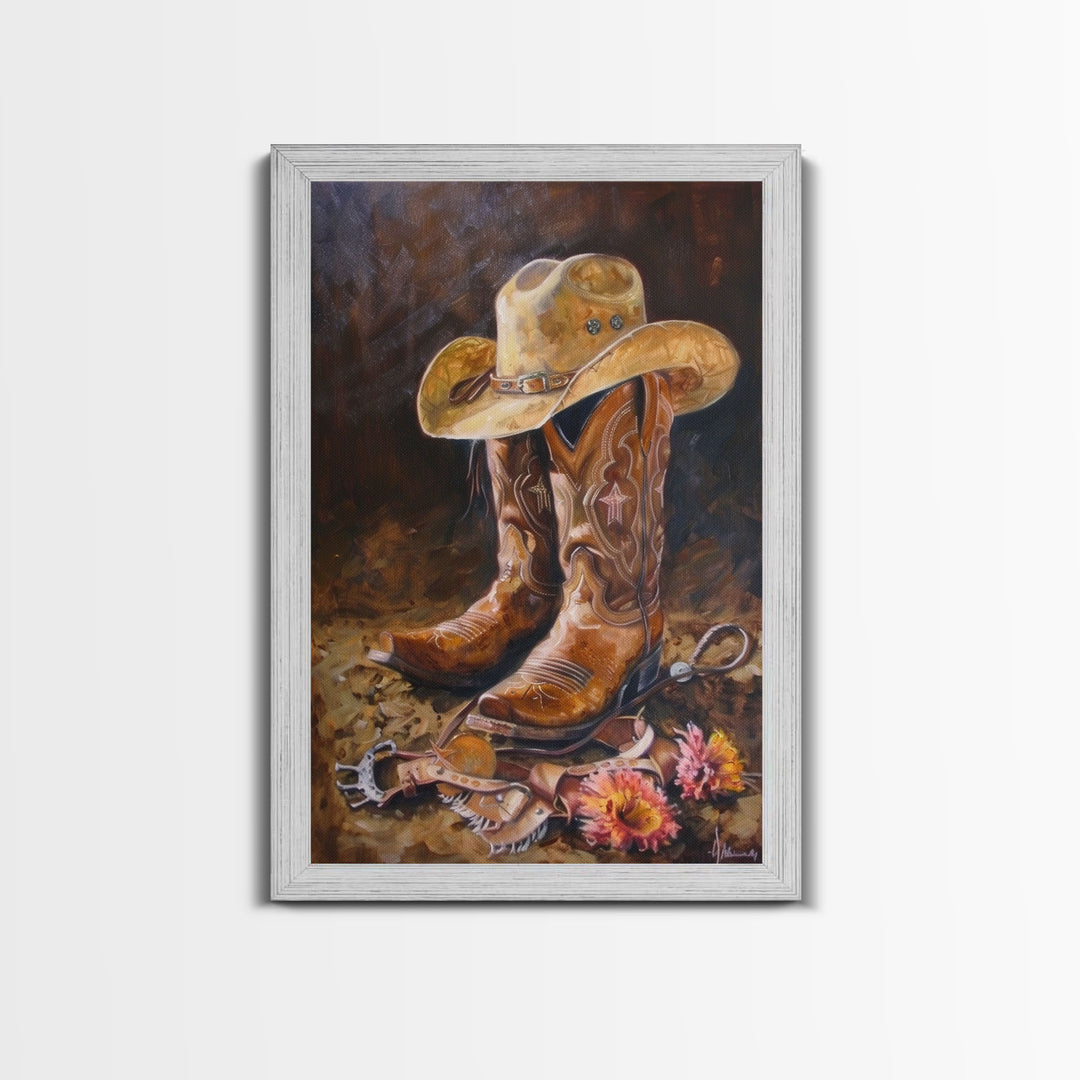 Classic Cowboy Hat and Boots Art - Framed Canvas Print, Rustic Bedroom Decor, Cowboy Themed Wall Art for Home, Western Artwork