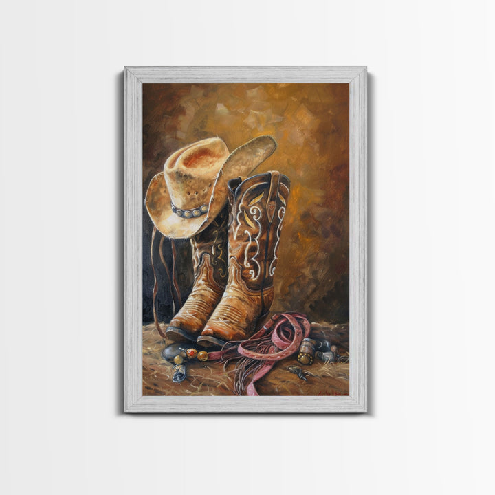 Traditional Cowboy Boots and Hat Art - Framed Canvas Print, Rustic Living Room Decor, Western Wall Art, Cowboy Home Decor