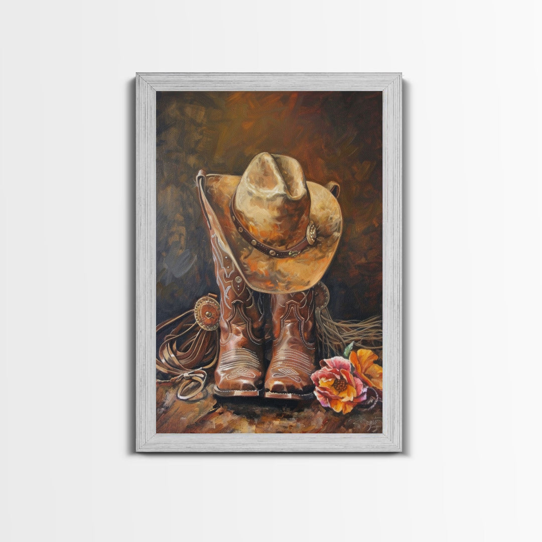 Cowboy Boots and Hat with Flowers Art - Framed Canvas Print, Rustic Wall Decor, Western Bedroom Art, Cowboy Home Decoration