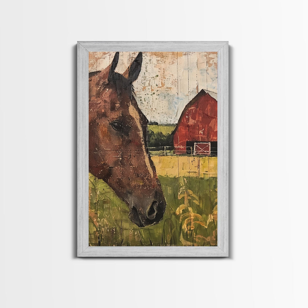 Horse and Barn Rustic Farm Art - Framed Canvas Print, Farmhouse Living Room Decor, Horse Wall Art, Rustic Home Decoration