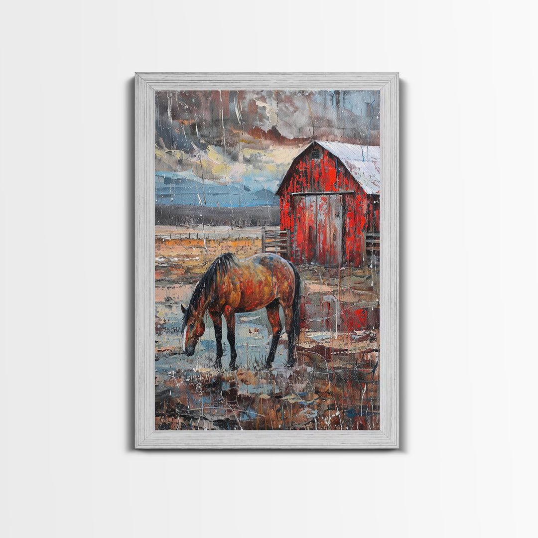 Red Barn and Horse Art Print - Framed Canvas Print, Rustic Living Room Decor, Farmhouse Wall Art, Horse and Barn Home Decoration