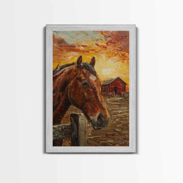 Horse with Red Barn Sunset Art - Framed Canvas Print, Rustic Bedroom Decor, Farmhouse Wall Art, Horse and Barn Home Decoration