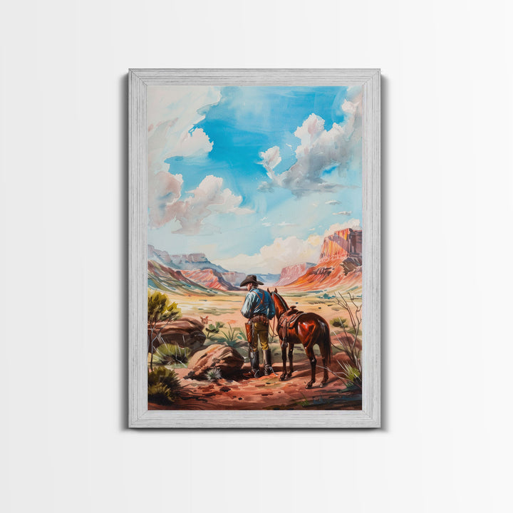 Cowboy and Horse Desert Scene Art - Framed Canvas Print, Western Living Room Decor, Cowboy Wall Art, Desert Home Decoration