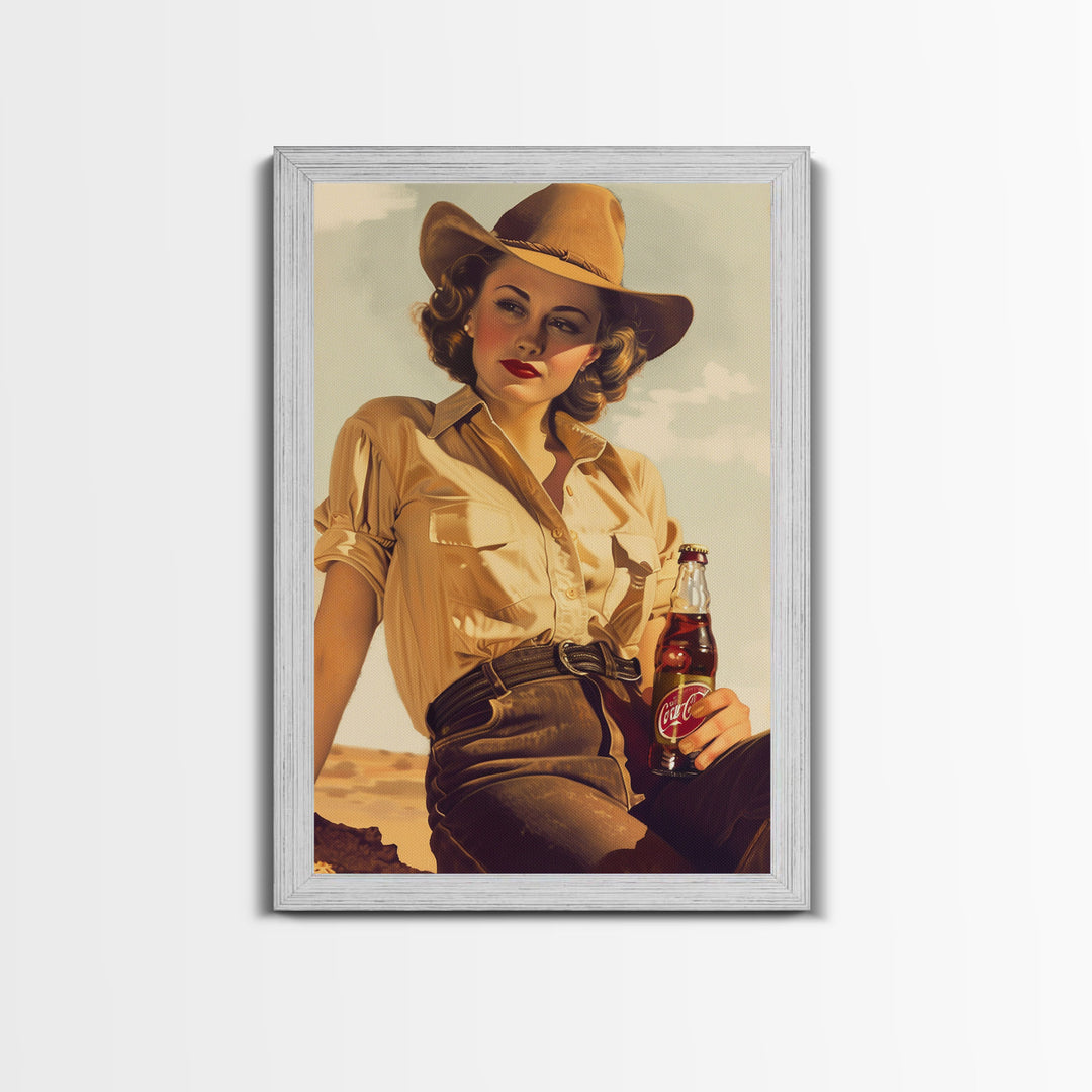 Cowgirl with Beverage Classic Art - Framed Canvas Print, Rustic Bedroom Decor, Cowgirl Wall Art, Vintage Home Decoration