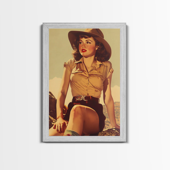 Framed Canvas Print, Retro Pinup Girl Wall Art for Living Room or Bedroom Decor, Vintage Style Poster for Home Decoration, Classic Home Art