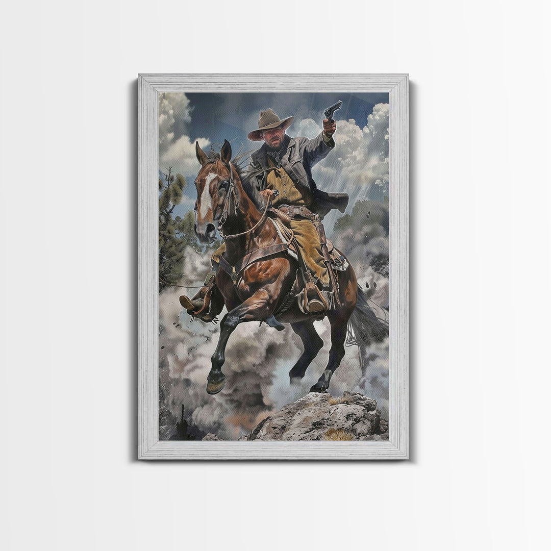 Framed Canvas Print, Cowboy Riding Horse with Gun Wall Art, Western Style Artwork for Living Room or Bedroom Decor, Dynamic Home Art Piece