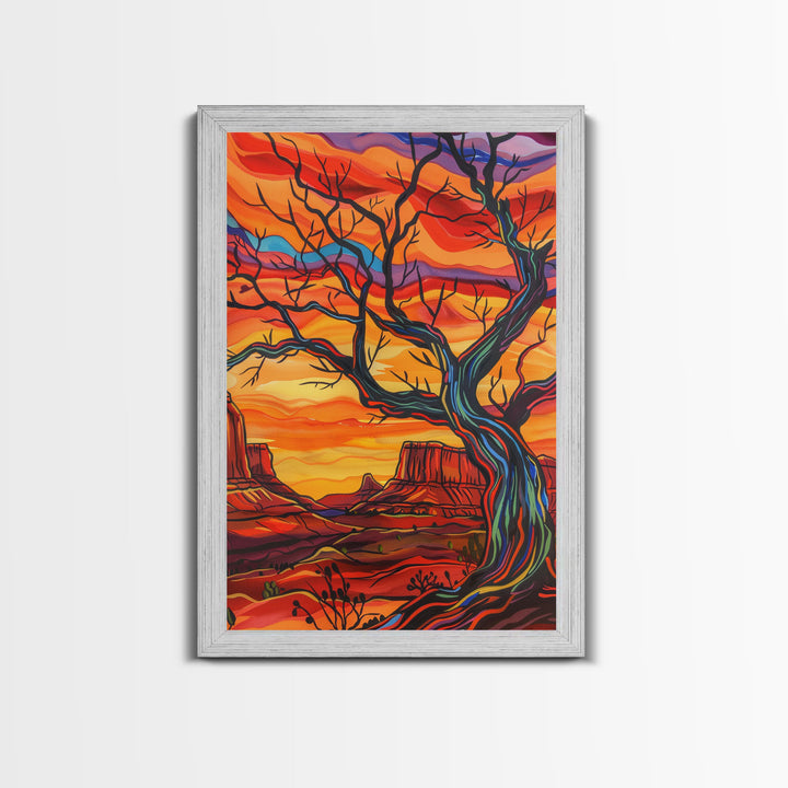 Framed Canvas Print, Vibrant Desert Landscape with Tree Wall Art, Colorful Southwest Decor for Living Room or Bedroom, Nature Wall Art Piece