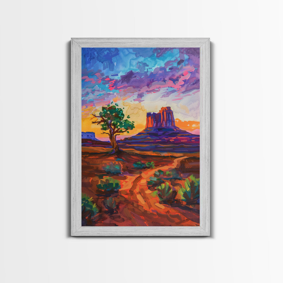 Framed Canvas Print, Sunset Over Monument Valley Wall Art Colorful Desert Scene for Living Room or Bedroom Vibrant Landscape Art Decor Piece