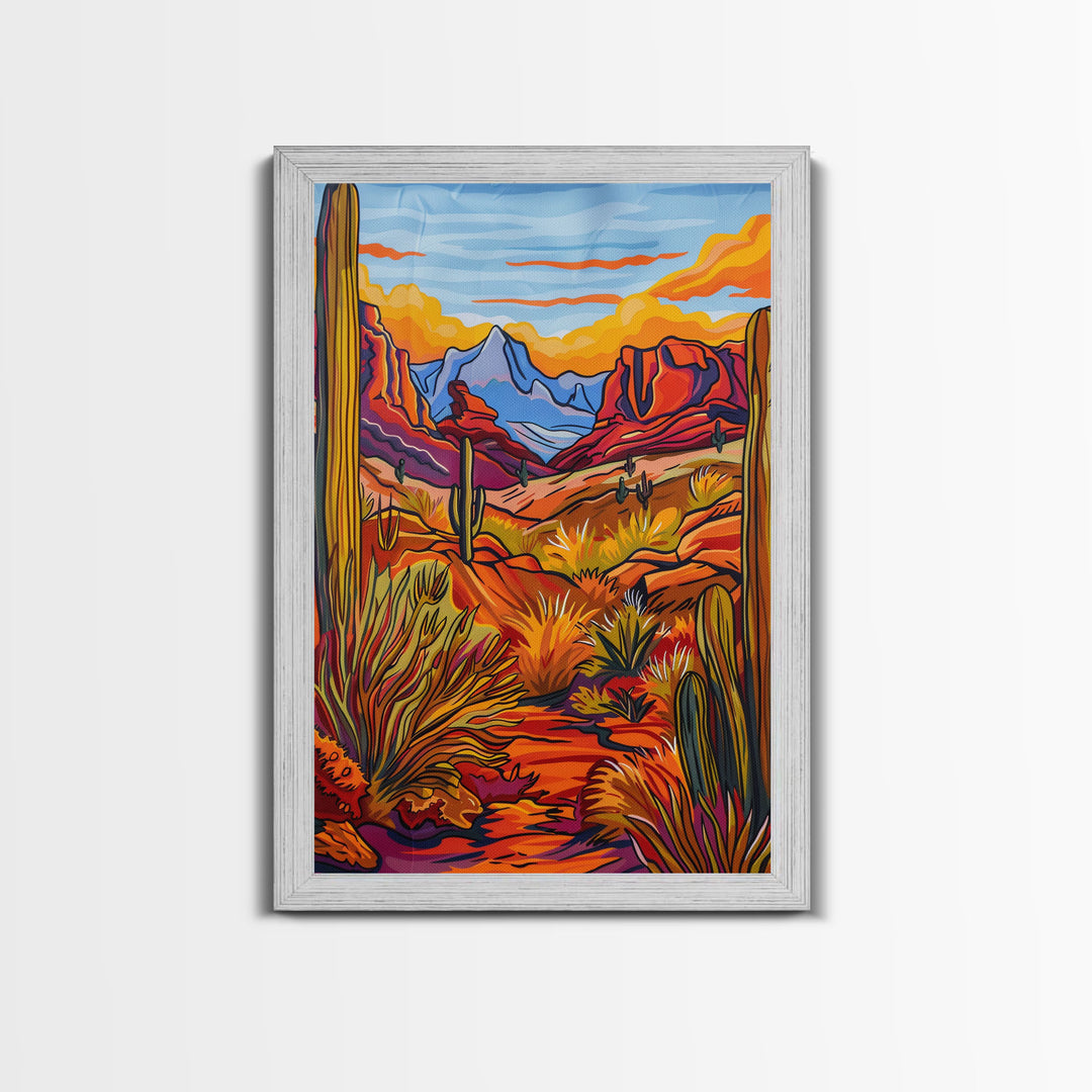 Framed Canvas Print, Desert Landscape with Cacti Wall Art, Colorful Southwest Decor for Living Room or Bedroom, Nature Art Poster Piece