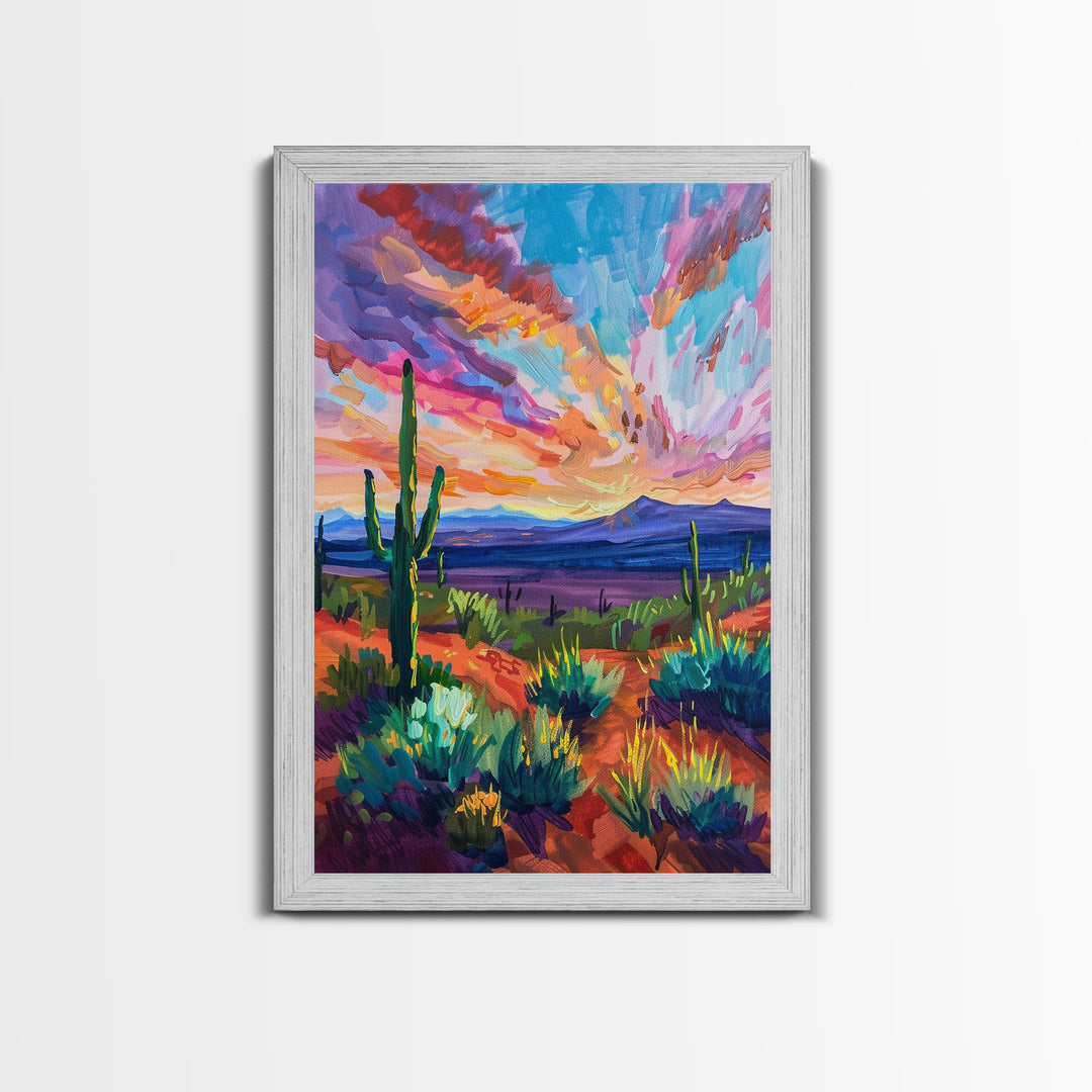 Framed Canvas Print, Cacti and Mountains at Sunset Wall Art, Vibrant Southwest Decor for Living Room or Bedroom, Nature Art Decoration Piece