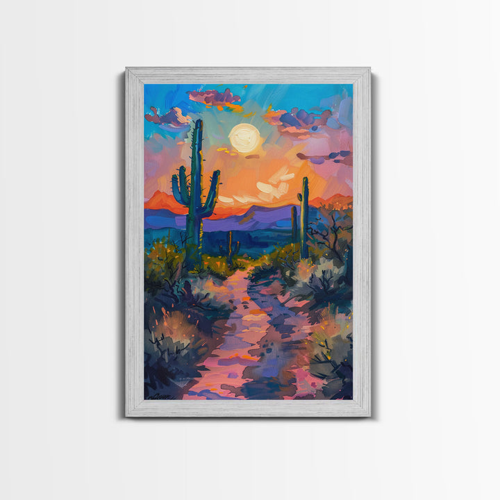 Framed Canvas Print, Colorful Desert Sunset with Cacti Wall Art, Southwest Landscape for Living Room or Bedroom, Vibrant Wall Art Piece